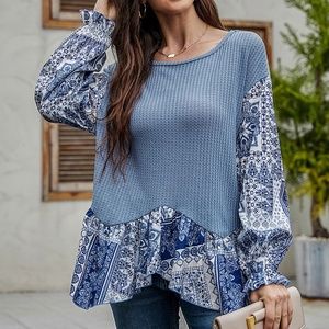 New Blue Color Mid-length Round Neck Loose Long Sleeves T-shirt For Women